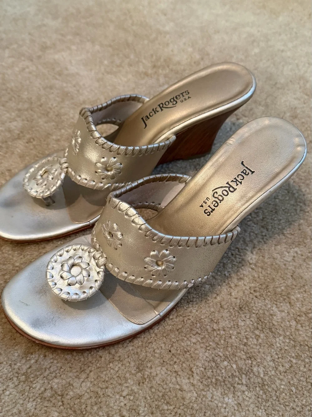 Jack Rogers Metallic Silver Floral Wedge Sandals